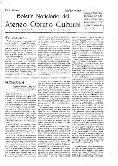 Boletín Noticiario del Ateneo Obrero Cultural, 1/7/1928 [Issue]