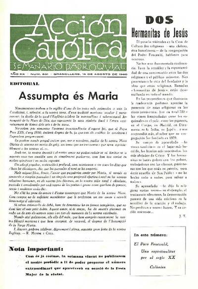 Boletín de Acción Católica, 14/8/1960 [Ejemplar]