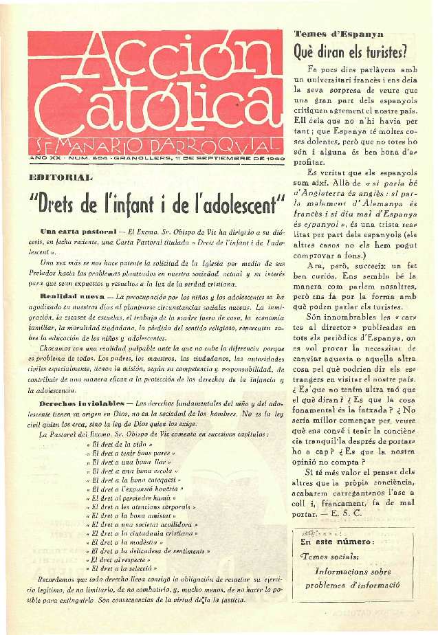 Boletín de Acción Católica, 11/9/1960 [Ejemplar]