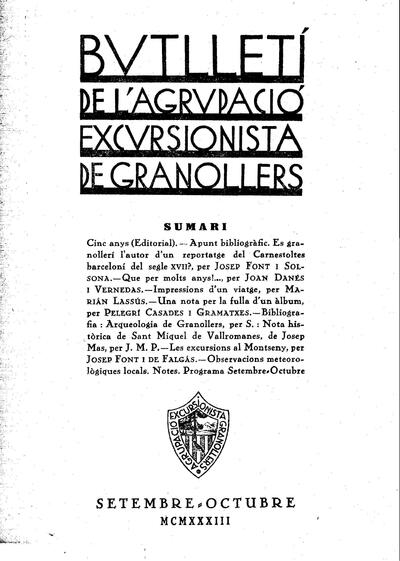 Butlletí de l'Agrupació Excursionista de Granollers, 1/9/1933 [Issue]