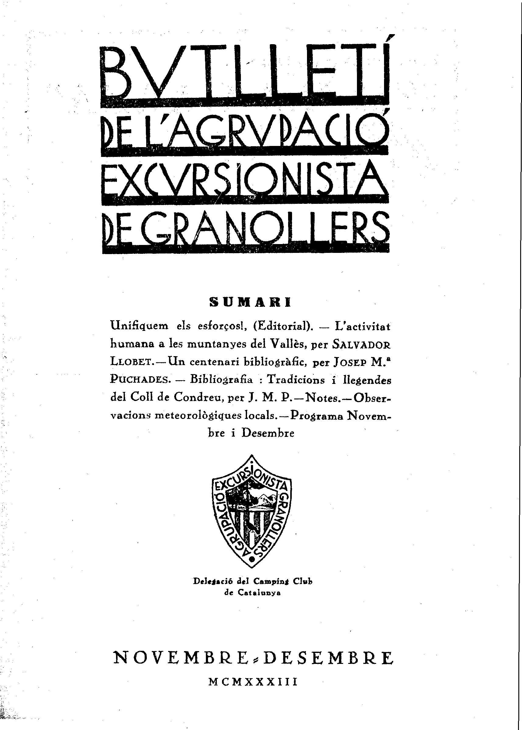 Butlletí de l'Agrupació Excursionista de Granollers, 1/11/1933 [Ejemplar]
