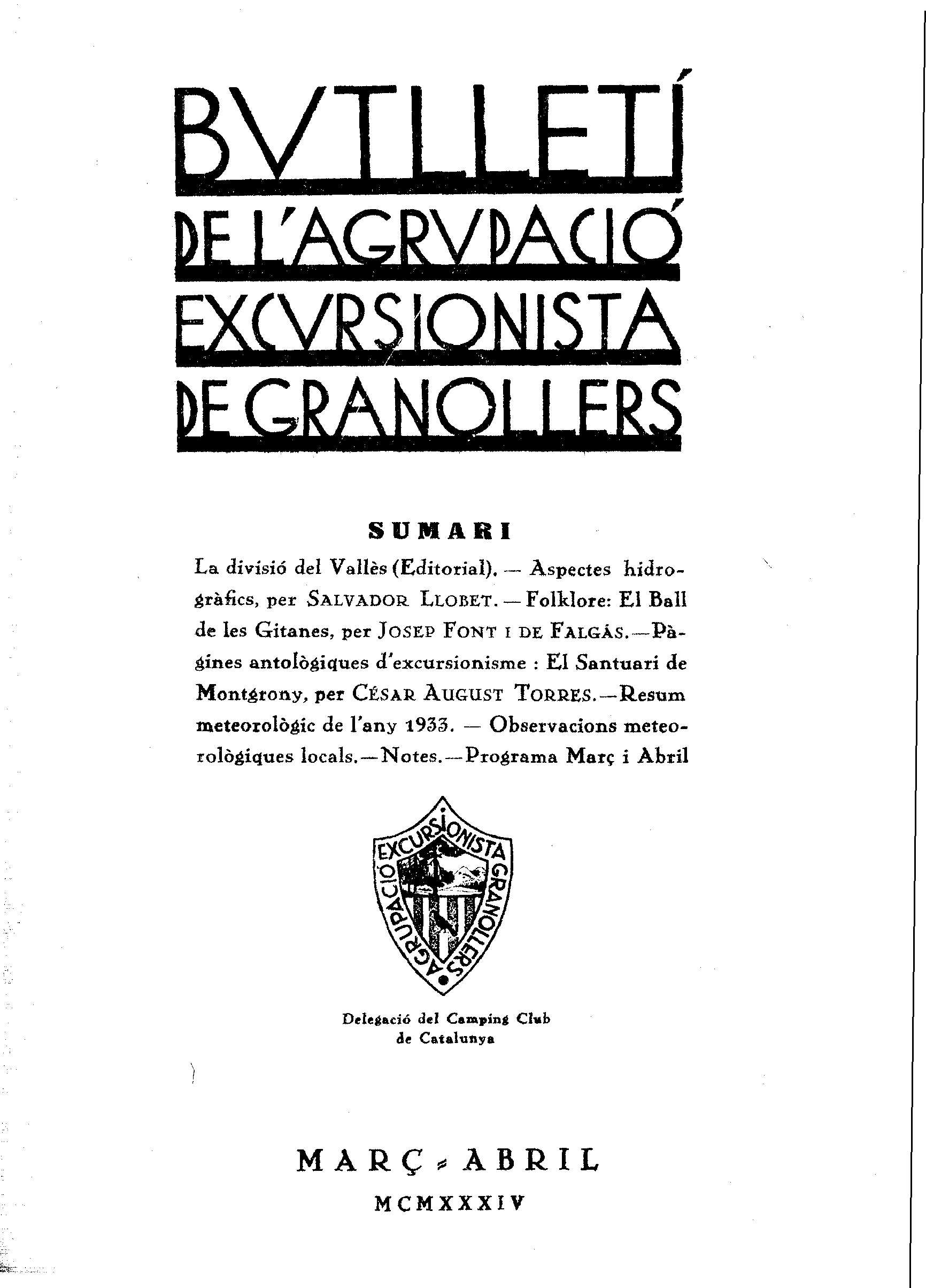 Butlletí de l'Agrupació Excursionista de Granollers, 1/3/1934 [Ejemplar]