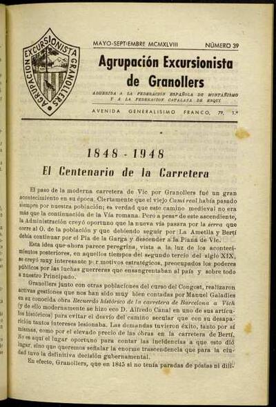 Butlletí de l'Agrupació Excursionista de Granollers, 1/9/1948 [Ejemplar]