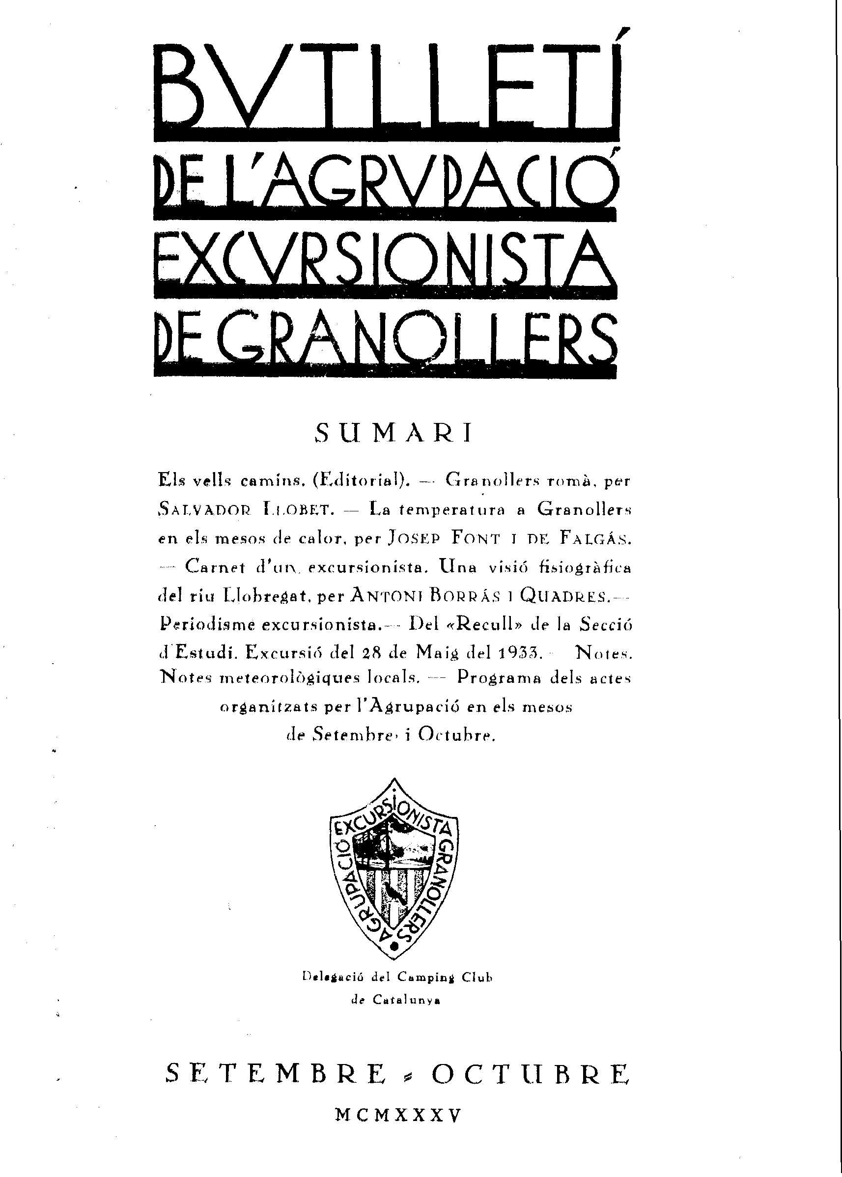 Butlletí de l'Agrupació Excursionista de Granollers, 1/9/1935 [Issue]