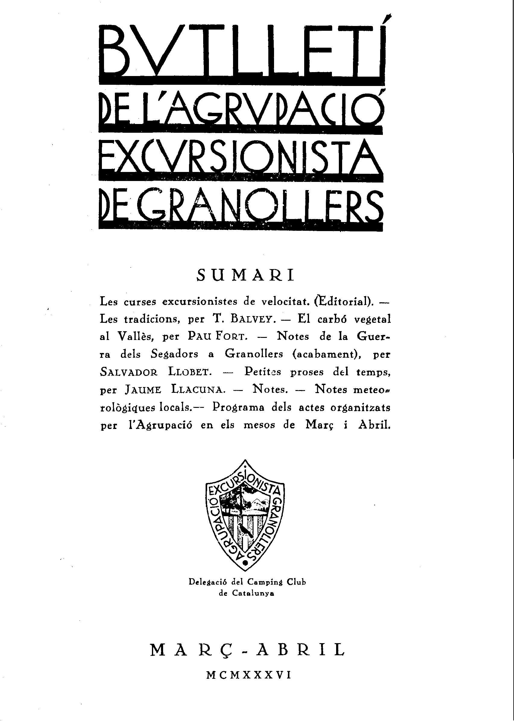Butlletí de l'Agrupació Excursionista de Granollers, 1/3/1936 [Ejemplar]