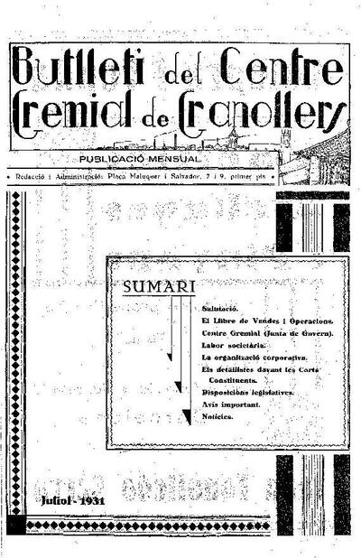 Butlletí del Centre Gremial de Granollers, 1/7/1931 [Issue]