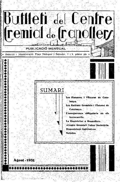 Butlletí del Centre Gremial de Granollers, 1/8/1931 [Issue]