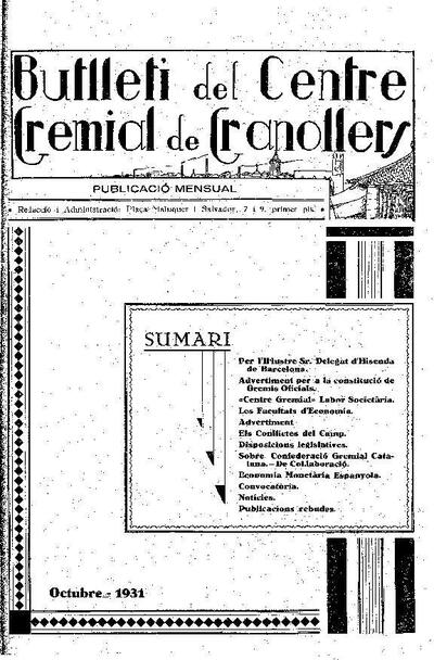 Butlletí del Centre Gremial de Granollers, 1/10/1931 [Issue]