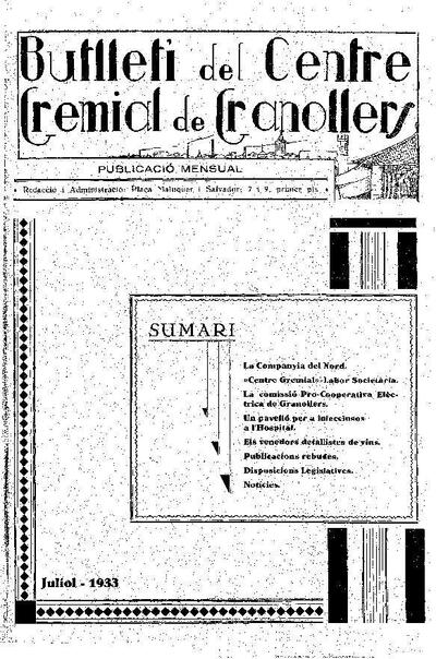Butlletí del Centre Gremial de Granollers, 1/7/1933 [Ejemplar]