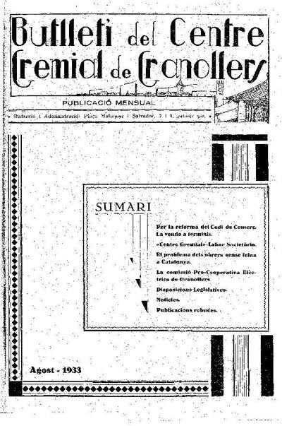 Butlletí del Centre Gremial de Granollers, 1/8/1933 [Ejemplar]