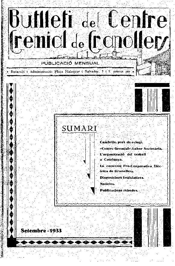 Butlletí del Centre Gremial de Granollers, 1/9/1933 [Ejemplar]