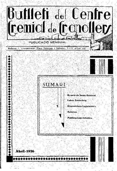 Butlletí del Centre Gremial de Granollers, 1/4/1936 [Ejemplar]