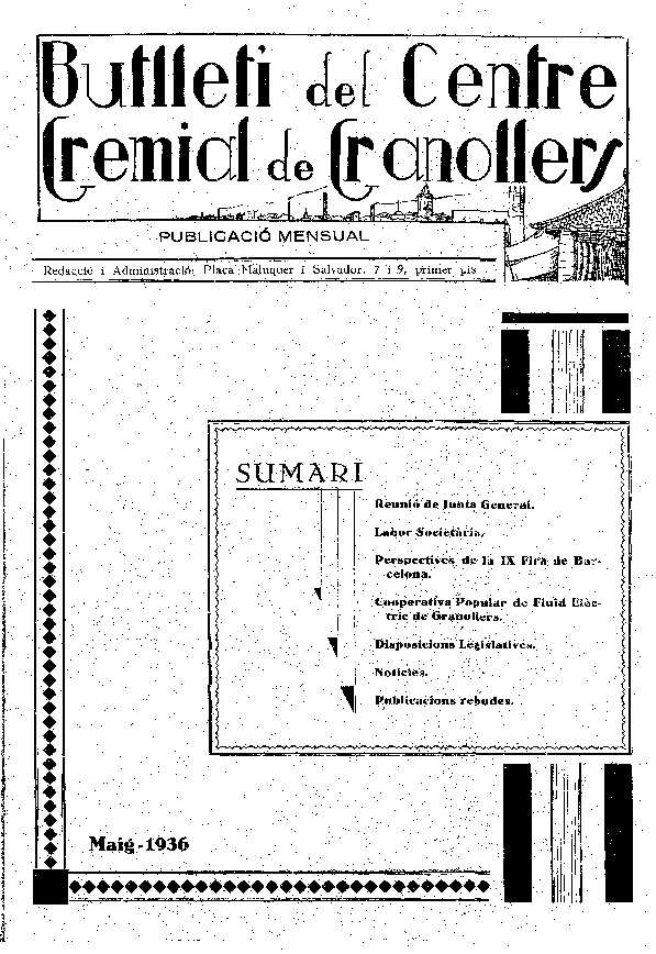 Butlletí del Centre Gremial de Granollers, 1/5/1936 [Ejemplar]