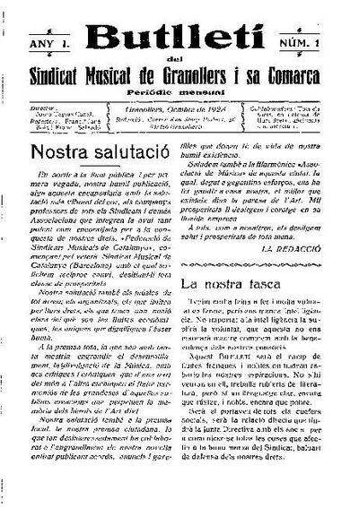 Butlletí del Sindicat Musical de Granollers i sa comarca, 1/10/1923 [Ejemplar]
