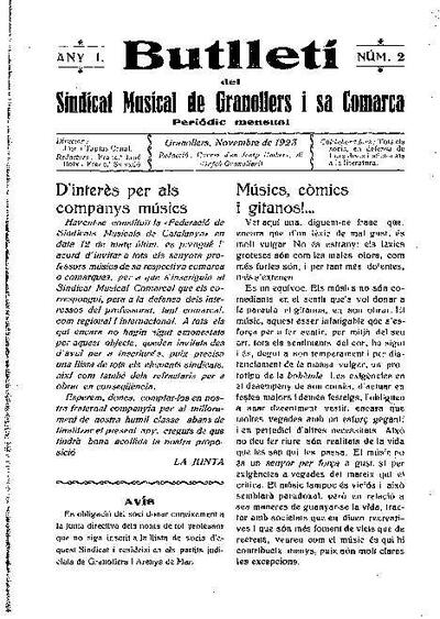 Butlletí del Sindicat Musical de Granollers i sa comarca, 1/11/1923 [Ejemplar]
