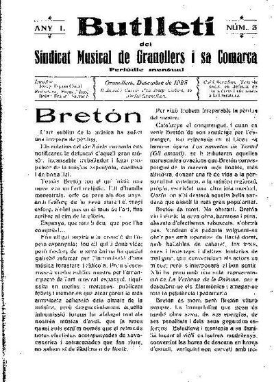 Butlletí del Sindicat Musical de Granollers i sa comarca, 1/12/1923 [Ejemplar]
