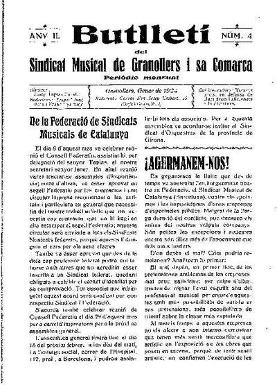 Butlletí del Sindicat Musical de Granollers i sa comarca, 1/1/1924 [Ejemplar]
