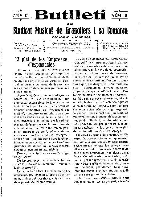 Butlletí del Sindicat Musical de Granollers i sa comarca, 1/2/1924 [Ejemplar]
