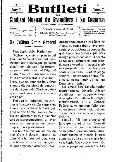 Butlletí del Sindicat Musical de Granollers i sa comarca, 1/7/1924 [Ejemplar]