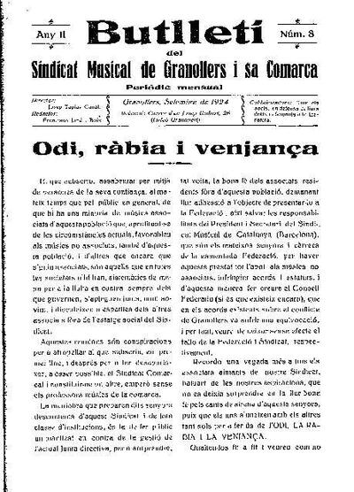 Butlletí del Sindicat Musical de Granollers i sa comarca, 1/9/1924 [Issue]