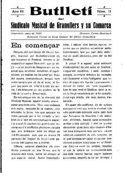 Butlletí del Sindicat Musical de Granollers i sa comarca, 1/3/1925 [Ejemplar]