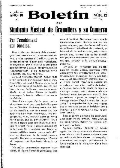 Butlletí del Sindicat Musical de Granollers i sa comarca, 1/11/1925 [Ejemplar]