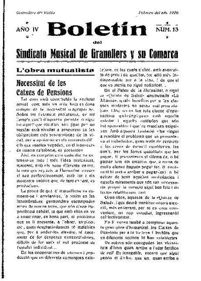 Butlletí del Sindicat Musical de Granollers i sa comarca, 1/2/1926 [Ejemplar]