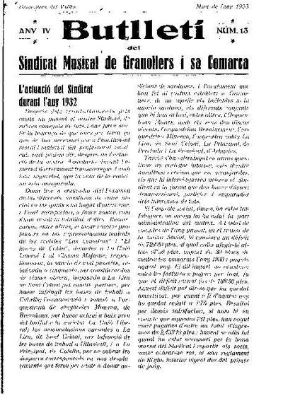 Butlletí del Sindicat Musical de Granollers i sa comarca, 1/3/1926 [Ejemplar]