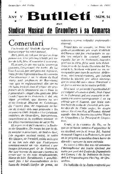 Butlletí del Sindicat Musical de Granollers i sa comarca, 1/2/1934 [Ejemplar]