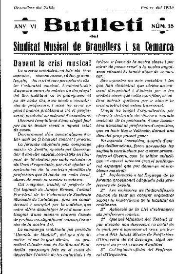 Butlletí del Sindicat Musical de Granollers i sa comarca, 1/2/1935 [Exemplar]