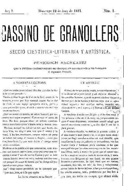 Cassino de Granollers, 22/6/1884 [Issue]