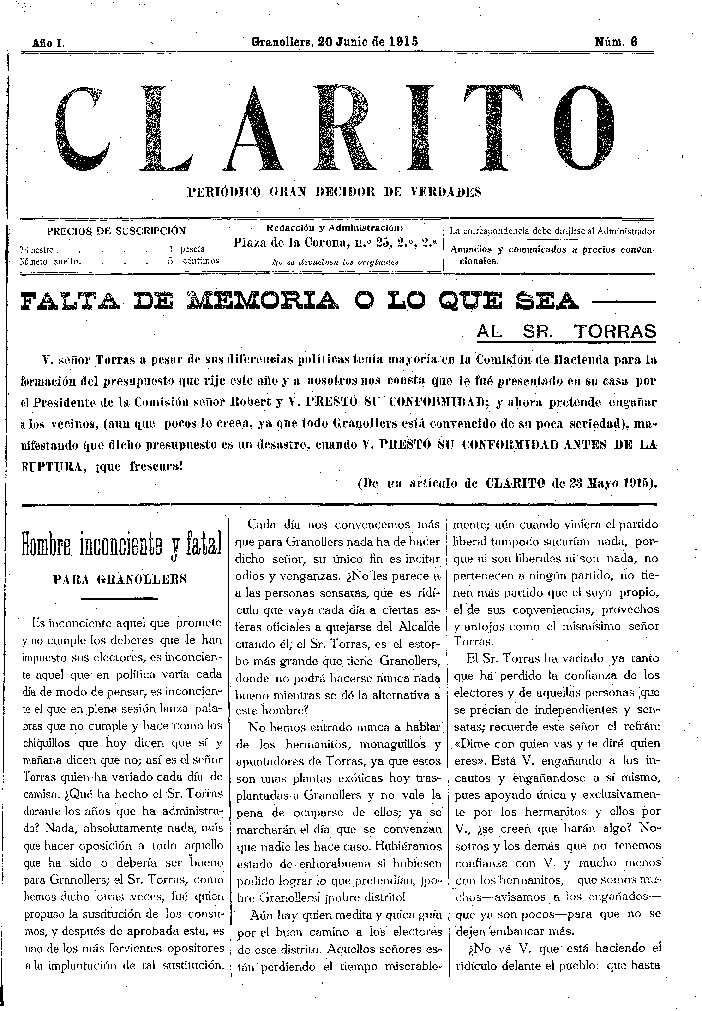 Clarito, 20/6/1915 [Issue]