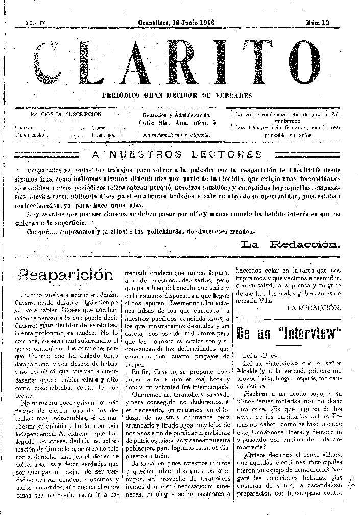 Clarito, 18/6/1916 [Issue]