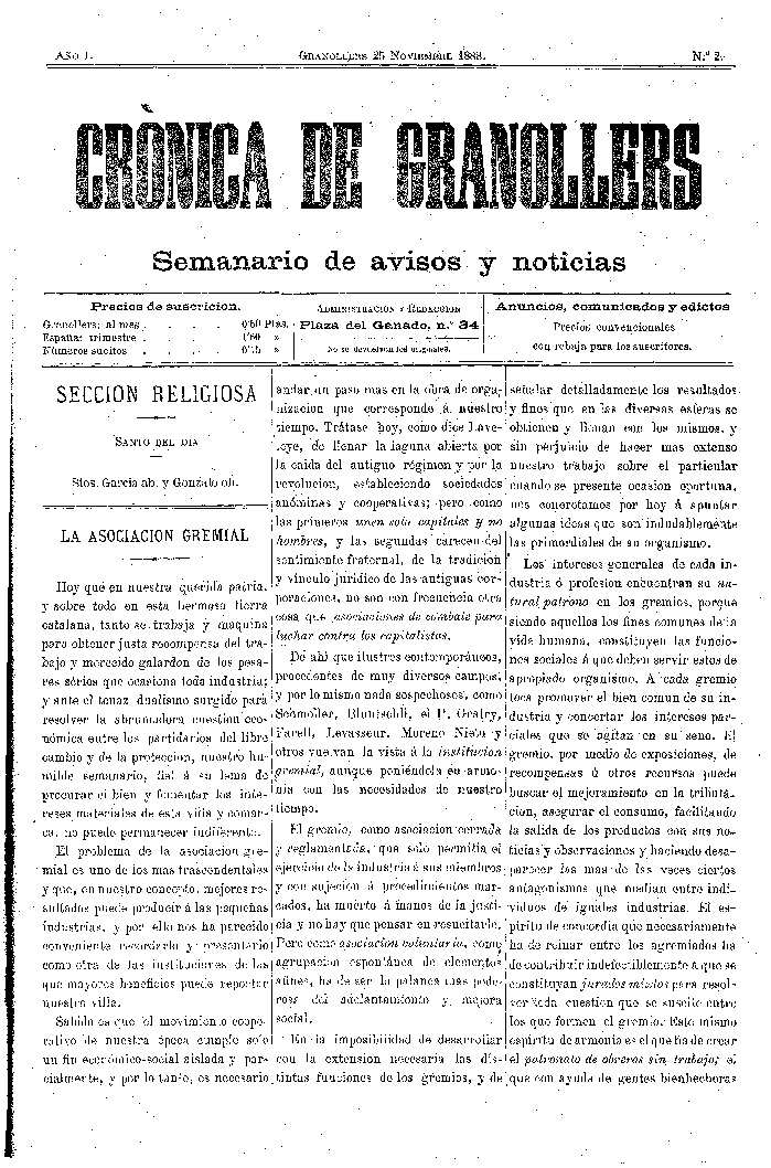 Crònica de Granollers, 25/11/1888 [Issue]