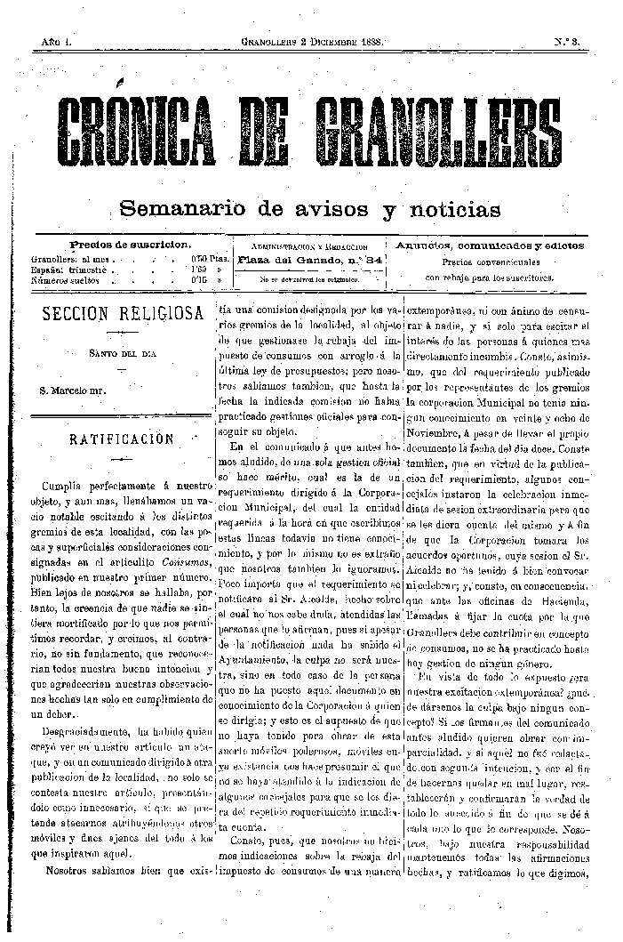 Crònica de Granollers, 2/12/1888 [Issue]