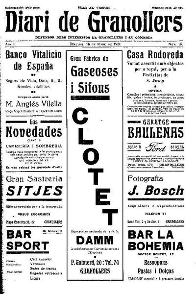 Diari de Granollers, 15/3/1926 [Issue]