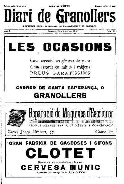 Diari de Granollers, 26/4/1926 [Issue]