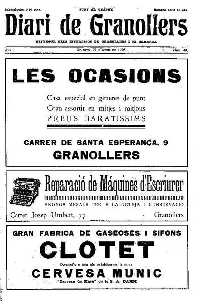 Diari de Granollers, 27/4/1926 [Issue]