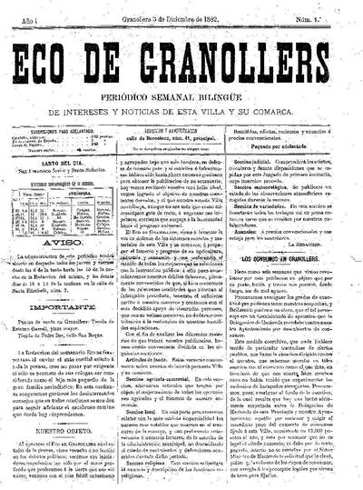 Eco de Granollers, 3/12/1882 [Ejemplar]