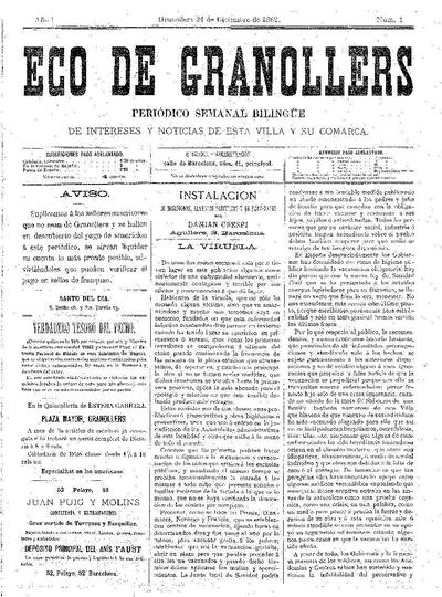 Eco de Granollers, 24/12/1882 [Exemplar]