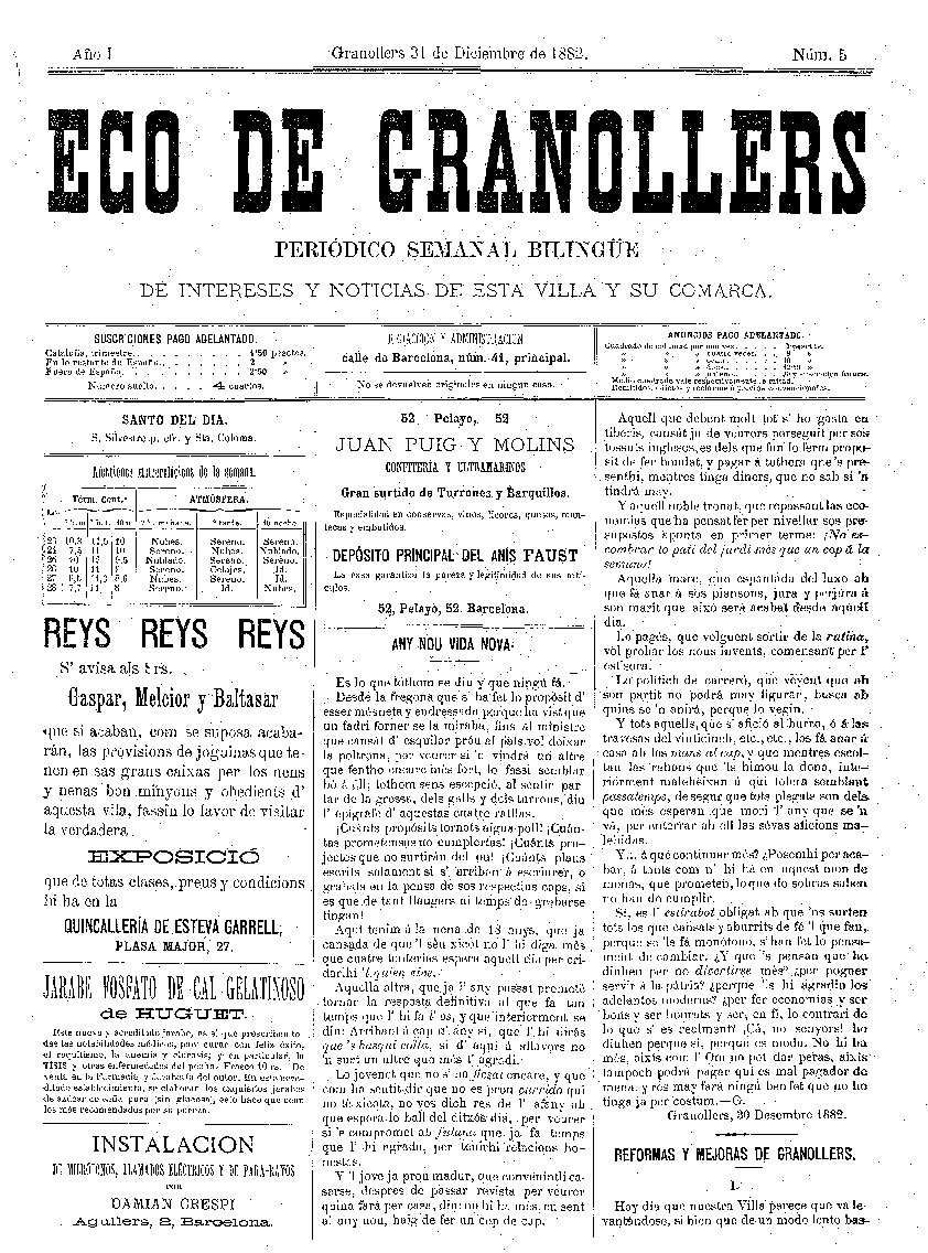Eco de Granollers, 31/12/1882 [Ejemplar]