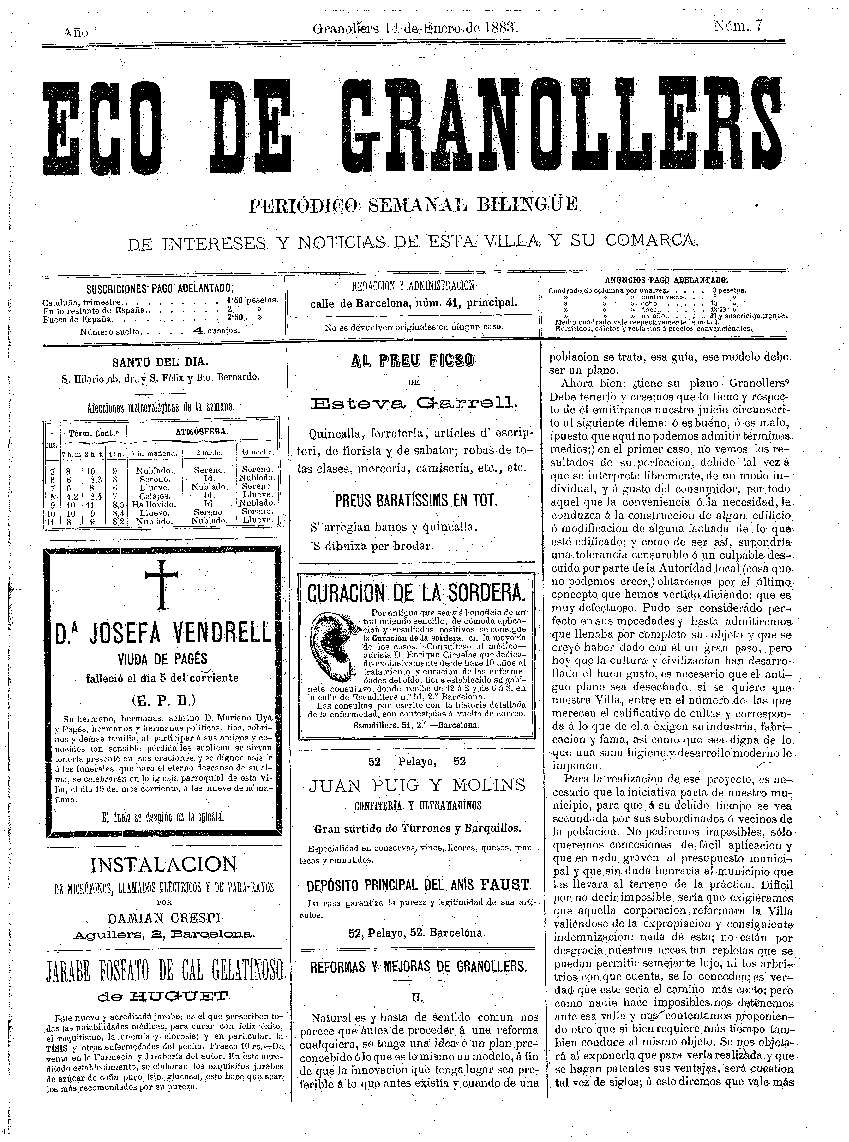 Eco de Granollers, 14/1/1883 [Ejemplar]