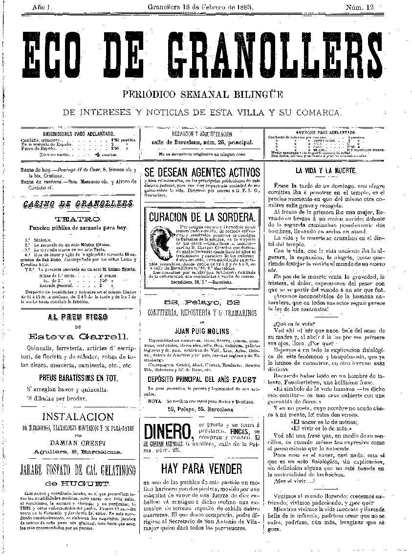 Eco de Granollers, 18/2/1883 [Ejemplar]