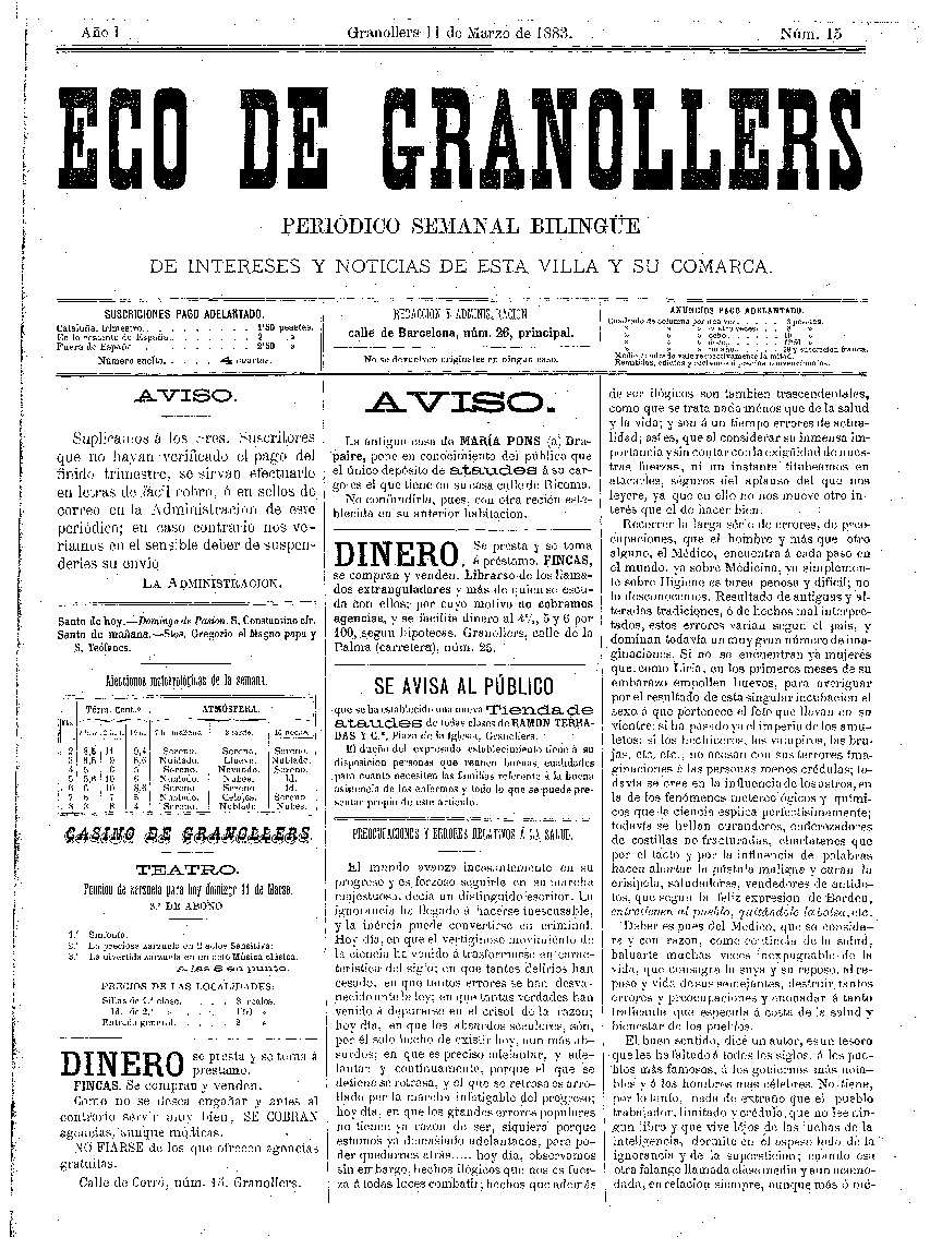 Eco de Granollers, 11/3/1883 [Ejemplar]