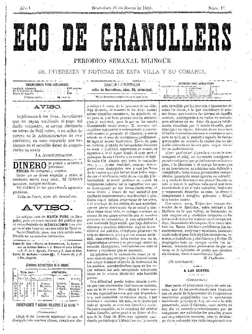 Eco de Granollers, 25/3/1883 [Ejemplar]