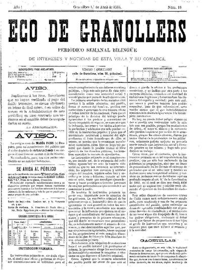 Eco de Granollers, 1/4/1883 [Issue]