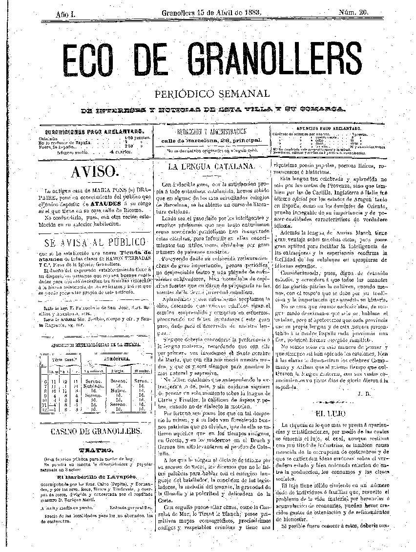 Eco de Granollers, 15/4/1883 [Ejemplar]