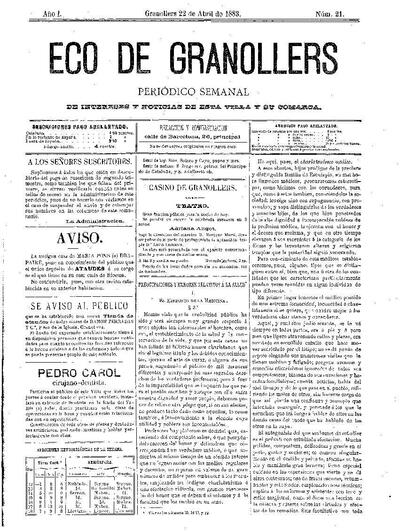 Eco de Granollers, 22/4/1883 [Issue]