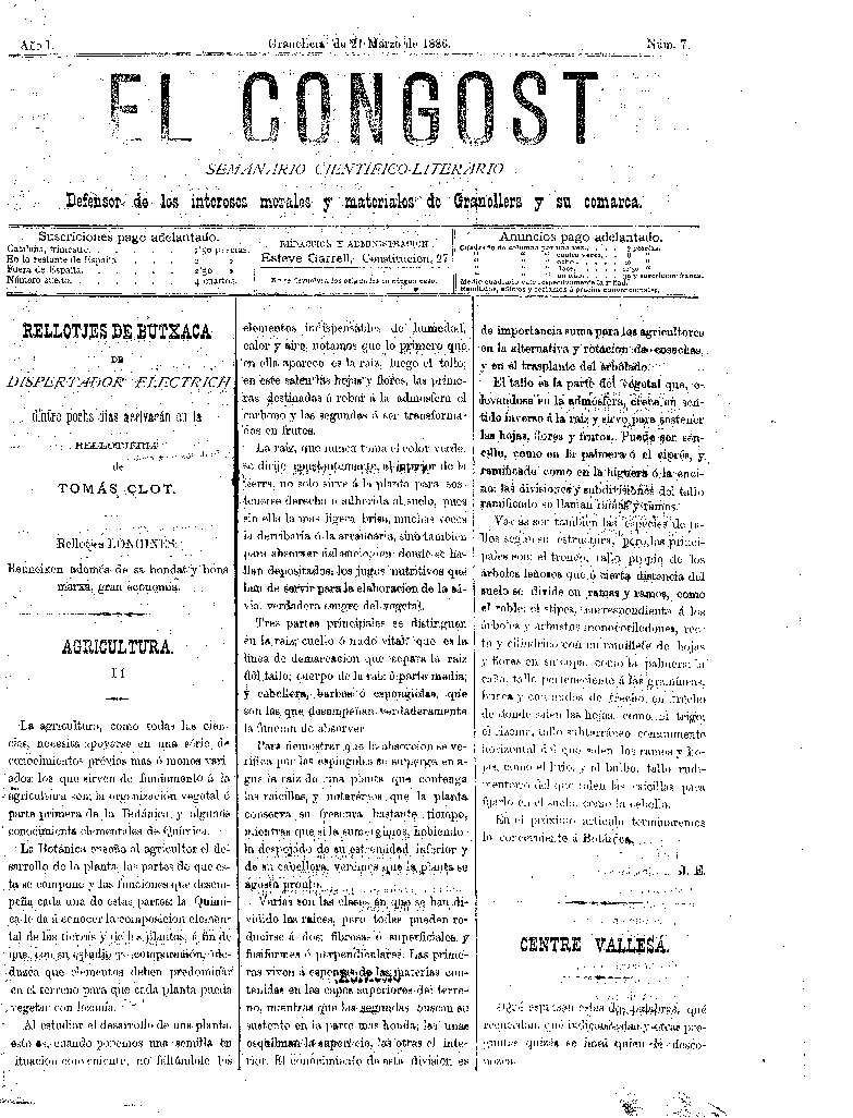 El Congost, 21/3/1886 [Ejemplar]