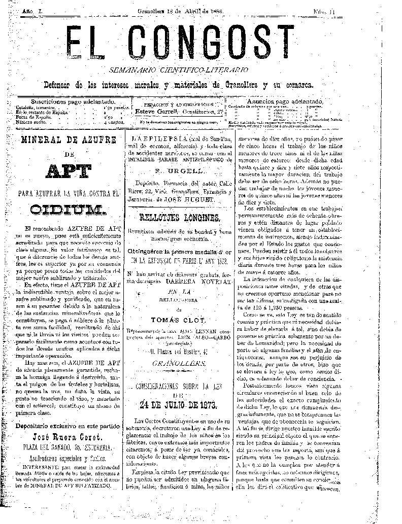 El Congost, 18/4/1886 [Issue]
